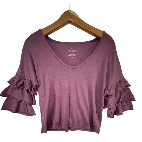 American Eagle Womens Top Sz S Mauve Ruffled Sleeve Stretch Knit V-Neck SoftAF - Picture 1 of 10